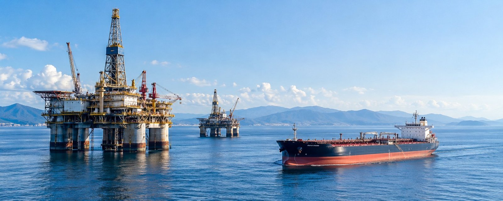 Offshore rigs and a tanker at sea